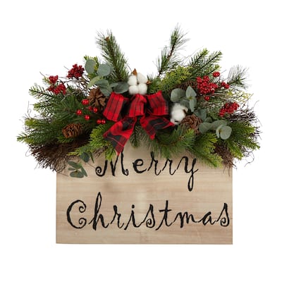 20" Holiday Merry Christmas Door Wall Hanger with Pinecones and Berries Gingham Plaid Bow Wall Art Décor