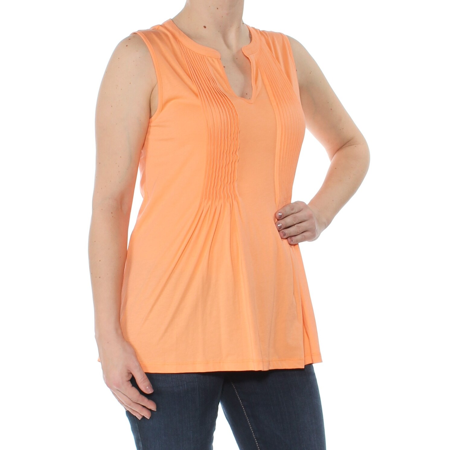 Shop Jones Ny Womens Coral Slit Neck Pleated Tank Sleeveless Top