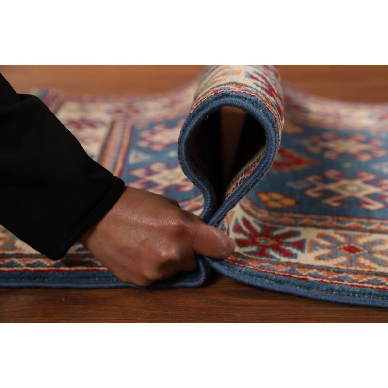 Blue Kazak Oriental Rug Traditional Hand-Knotted Wool Carpet - 2'0"x 3'0"