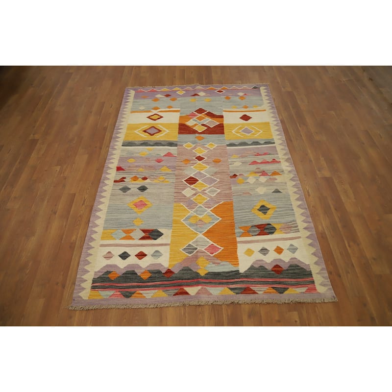 Hand Woven Oriental 100% Wool Carpet Southwestern Tribal Multi-Colored Kilim Area Rug - 6' 2'' X 4' 0''