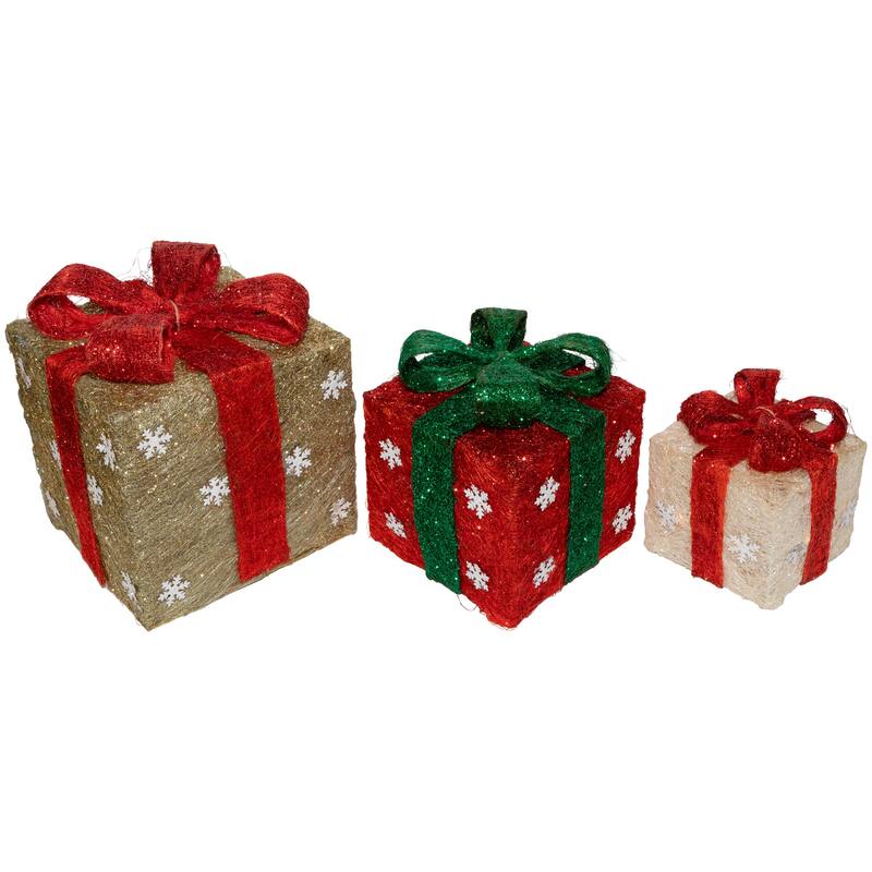 Set of 3 Lighted Red and Cream Gift Boxes Christmas Outdoor Decorations 10"