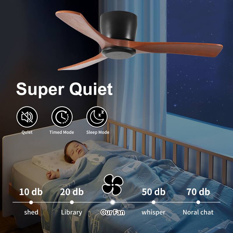 52 Inch Ceiling Fan with Remote Control, Low Profile Flush Mount Ceiling Fan without Light, Noiseless Reversible DC Motor