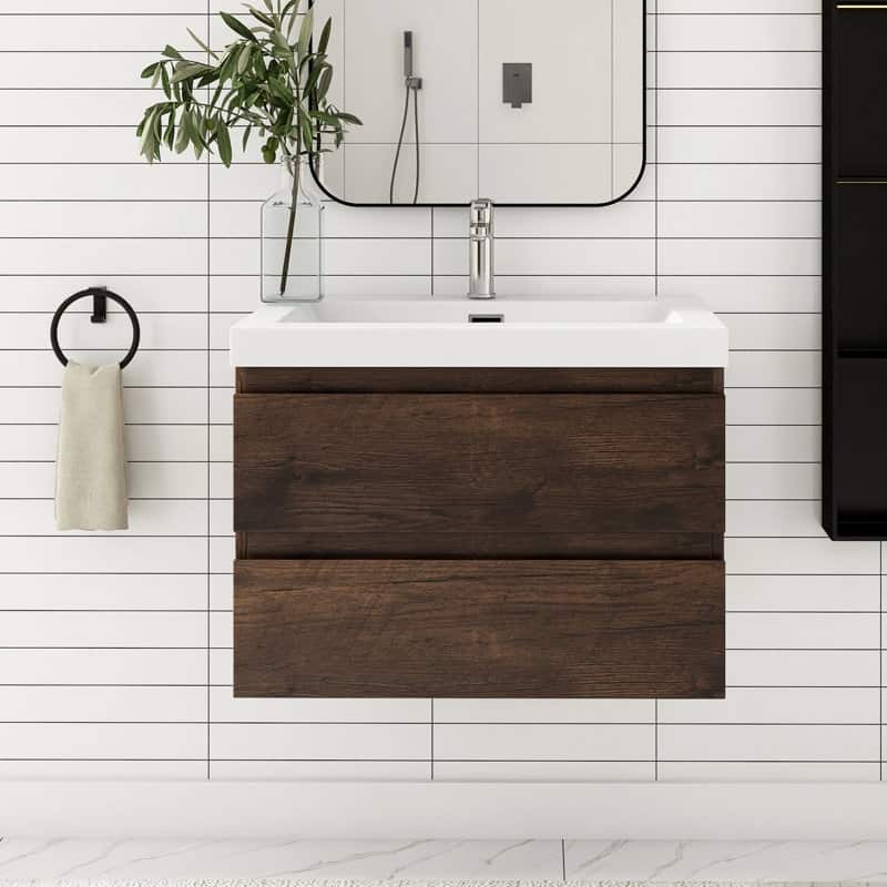 24"/30"/36"/48" Wall-Mounted 2-drawer Bathroom Vanity Set with Integrated Resin Sink