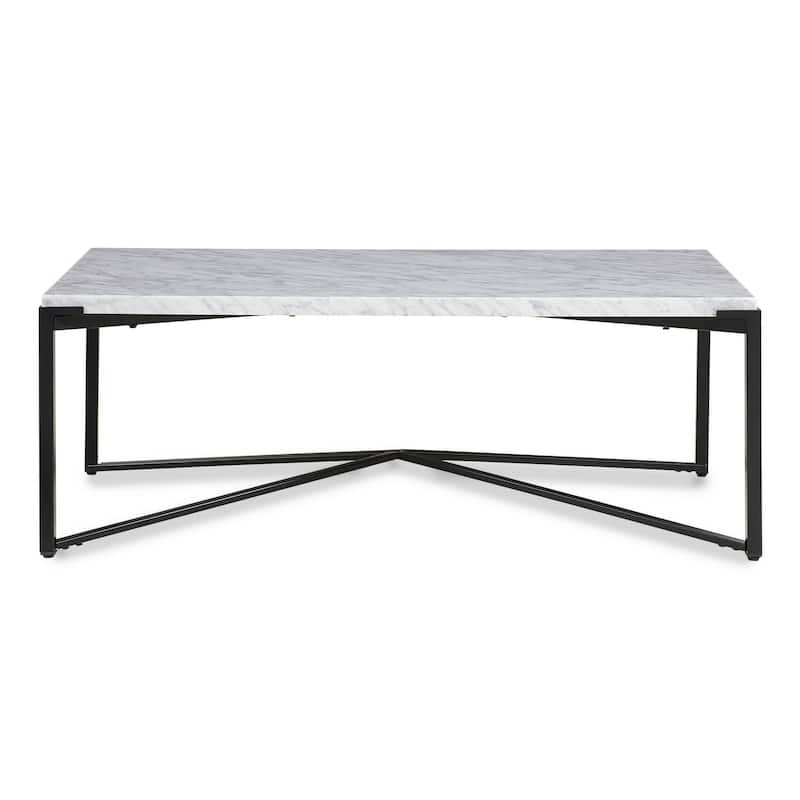 Agnew 48 Inch Coffee Table, White Marble Top, Tubular Black Steel Base