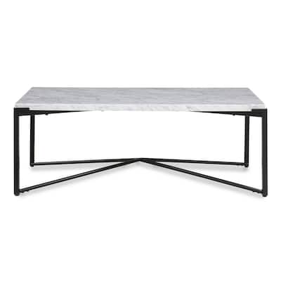 Agnew 48 Inch Coffee Table, White Marble Top, Tubular Black Steel Base
