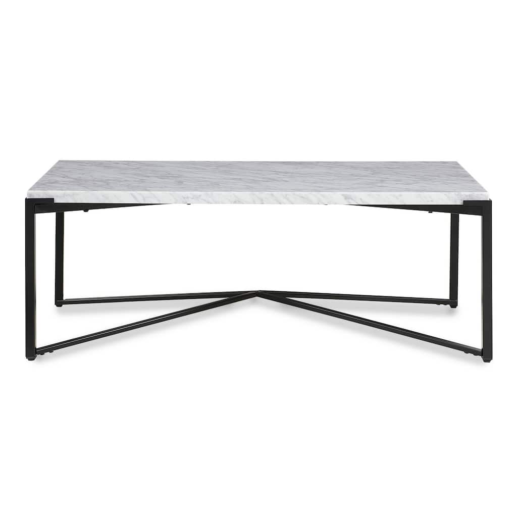 Agnew 48 Inch Coffee Table, White Marble Top, Tubular Black Steel Base