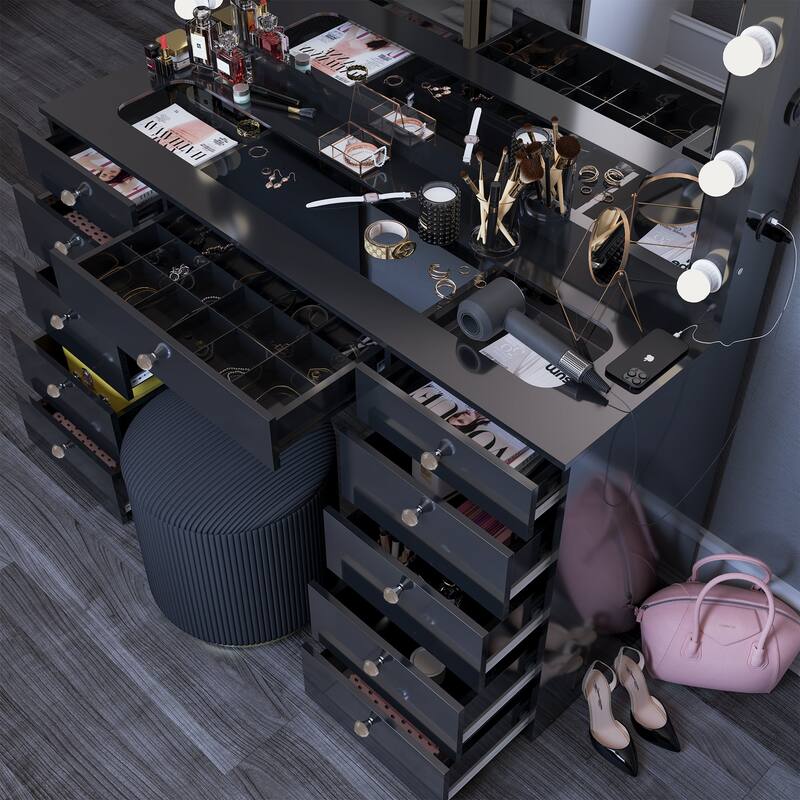 Boahaus Elle Makeup Vanity with Bluetooth Speaker, 12 Lights, and 11 Drawers