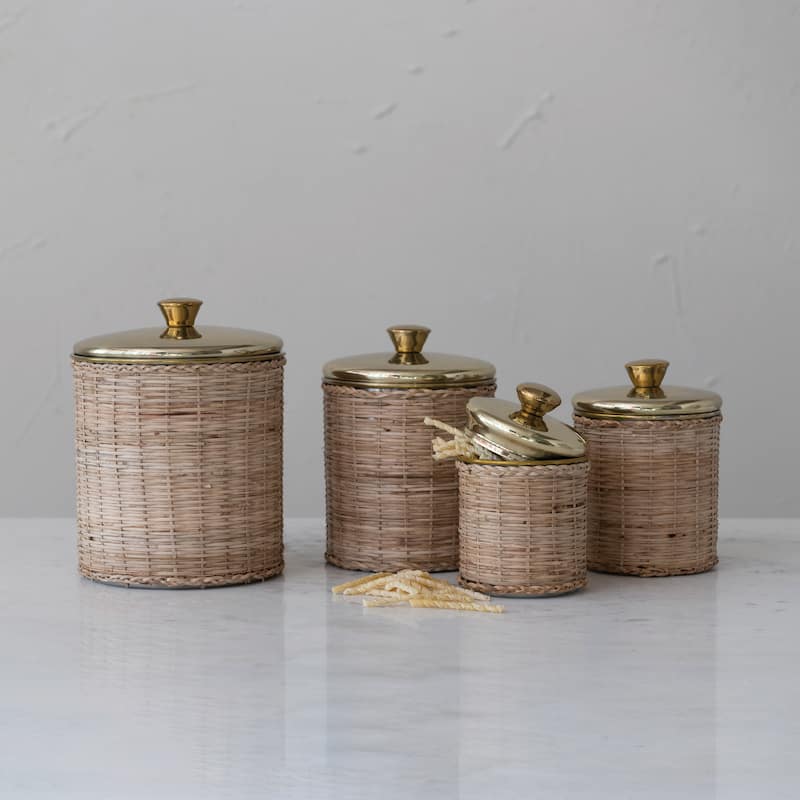 Rattan Wrapped Stainless Steel Canisters - 6.3"L x 6.3"W x 8.8"H