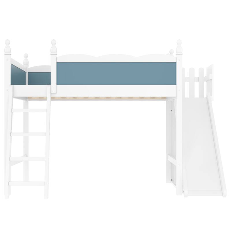 Full Loft Bed with Storage Shelves and Cabinet, Solid Wood Loft Beds with Detachable Slide and Ladders, No Spring Box Needed