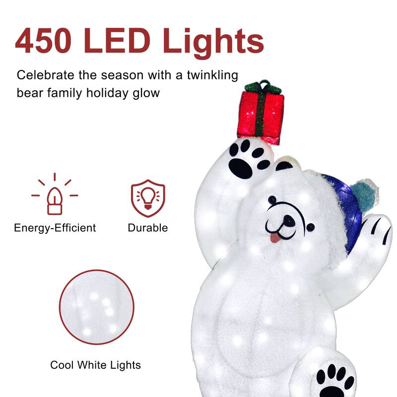 Puleo International Set of 4 Pre-Lit Bear Family Christmas Holiday Decor with 450 Cool White Twinkling LED Lights