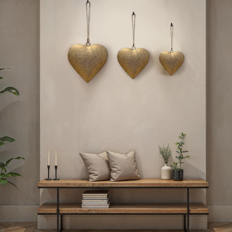 Myri Decorative Metal Heart Wall Decor Set of 3, Antique Gold Iron with Jute Hanging Rope, 12, 9.5, 7 Inches - Gold