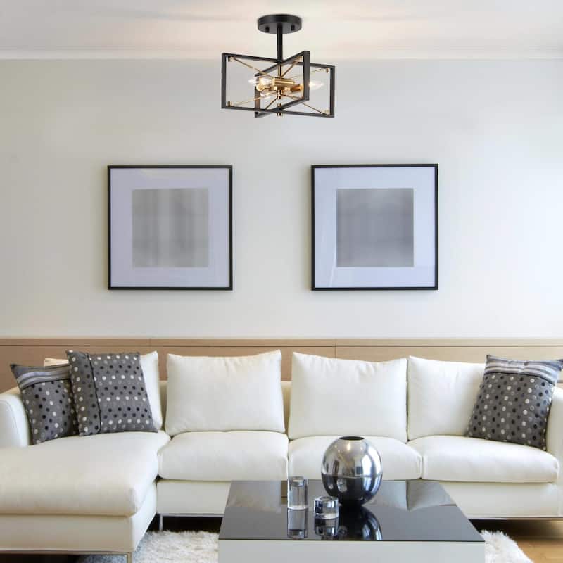 Modern Black Gold 3-Light Sputnik Semi-Flush Mount Ceiling Light Cage Starburst Chandeliers - 13"L x 10.5"H