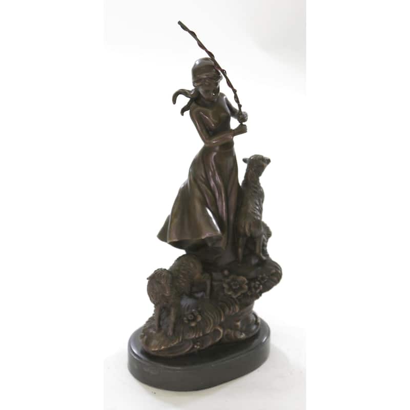 Art Deco Sculpture Shepherd Girl Woman With 2 Sheep Bronze Statue Figurine Sale