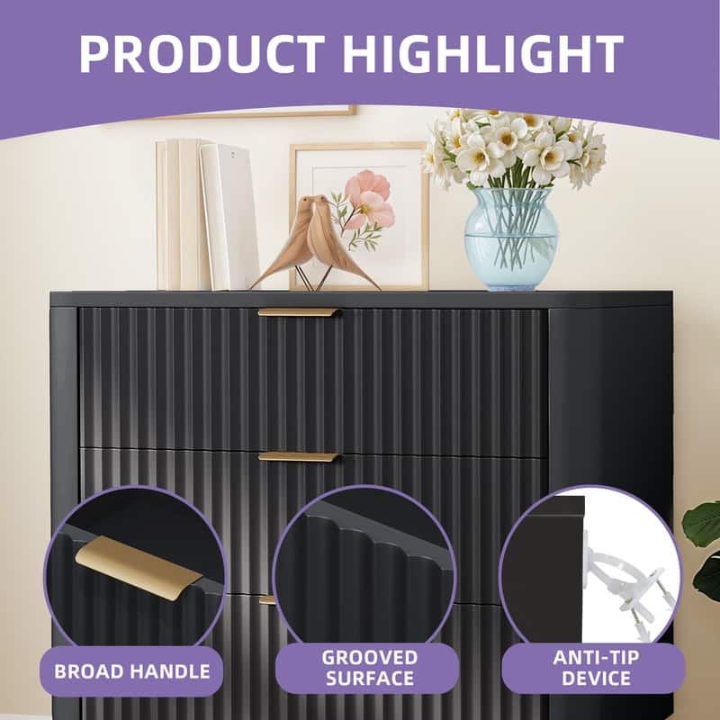 3 Drawer Dresser Storage Dresser Chest of Drawers with Waveform Panel Wood