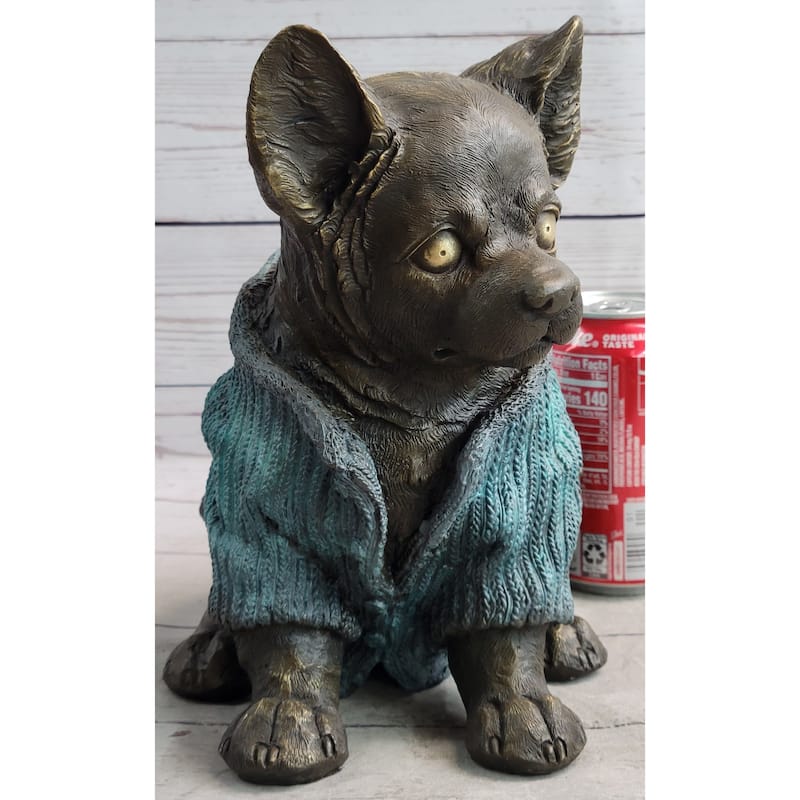 Chihuahua Puppy Dog Wearing Blue Sweater Bronze Metal Figurine Sculpture Decor