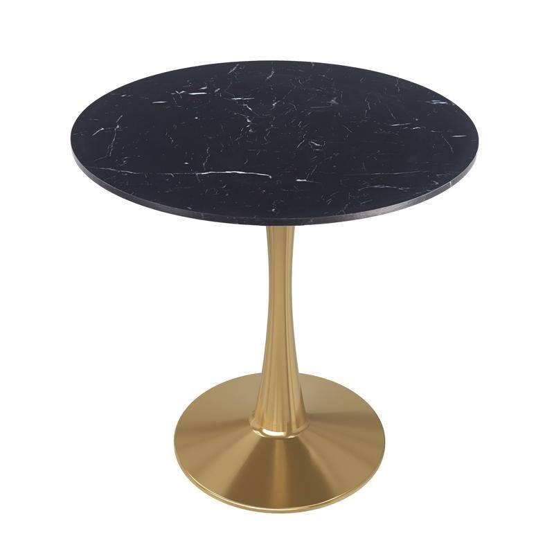 Bristol Minimalist Modern Round Dining Table with Solid Wood Top and Accent Gold Stainless Steel Base for Home or Kitchen - Marbled Black - 35 Inches
