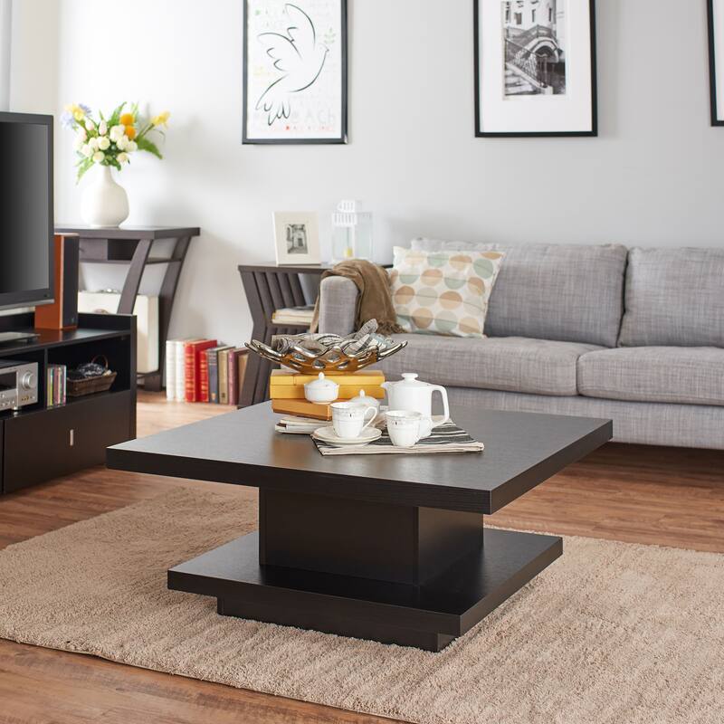 Ross Modern Square Coffee Table with Wrap Around Base Shelf and Hidden Storage by Strick & Bolton