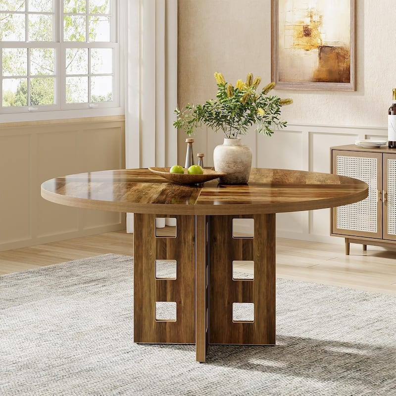 47-Inch Round Dining Table, Farmhouse Wood Kitchen Table with Sturdy Pedestal Base