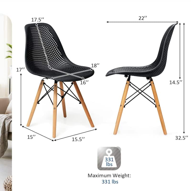 4 Pcs Modern Plastic Hollow Chair Set with Wood Leg - 22" x 18" x 32.5" (L x W x H)