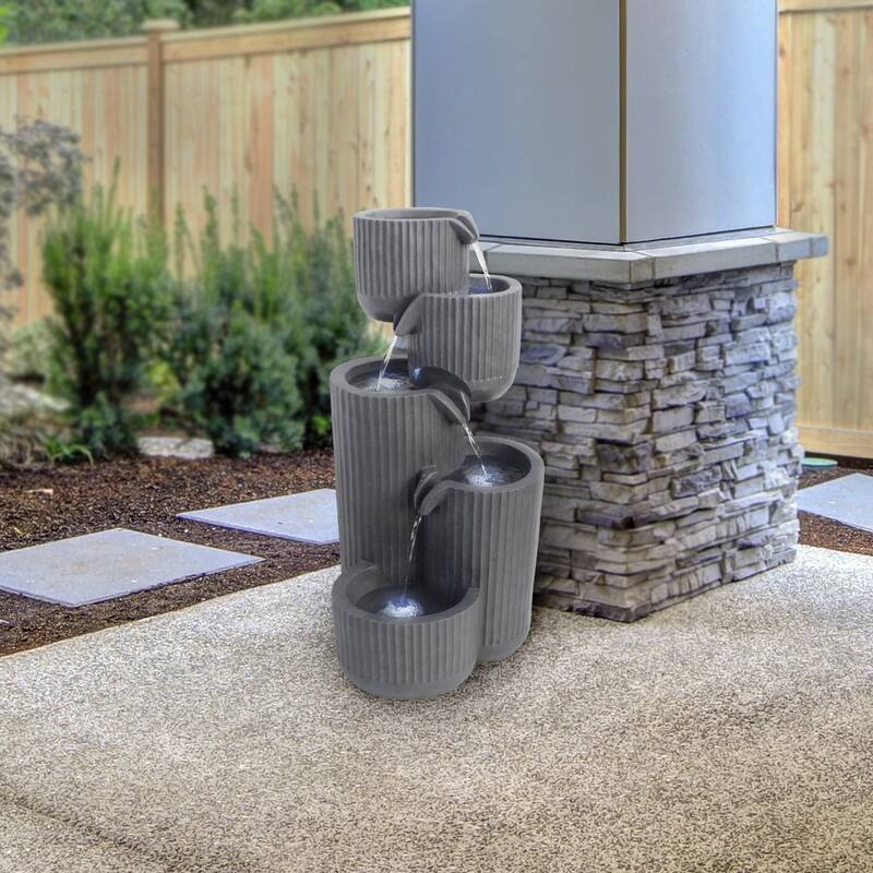 5-Tier Gray Fluted Pots Fountain with LED Lights
