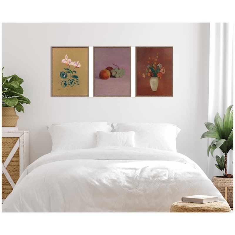 Kate and Laurel Cyclamen, Still Life Fruit, & Bouquet 3 Piece Framed Canvas Wall Art by Nostalgia Prints