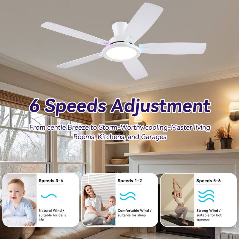 52 Inches RGB Flush Mount Ceiling Fan with Light,Reversible DC Motor for Bedroom Living Room Patio