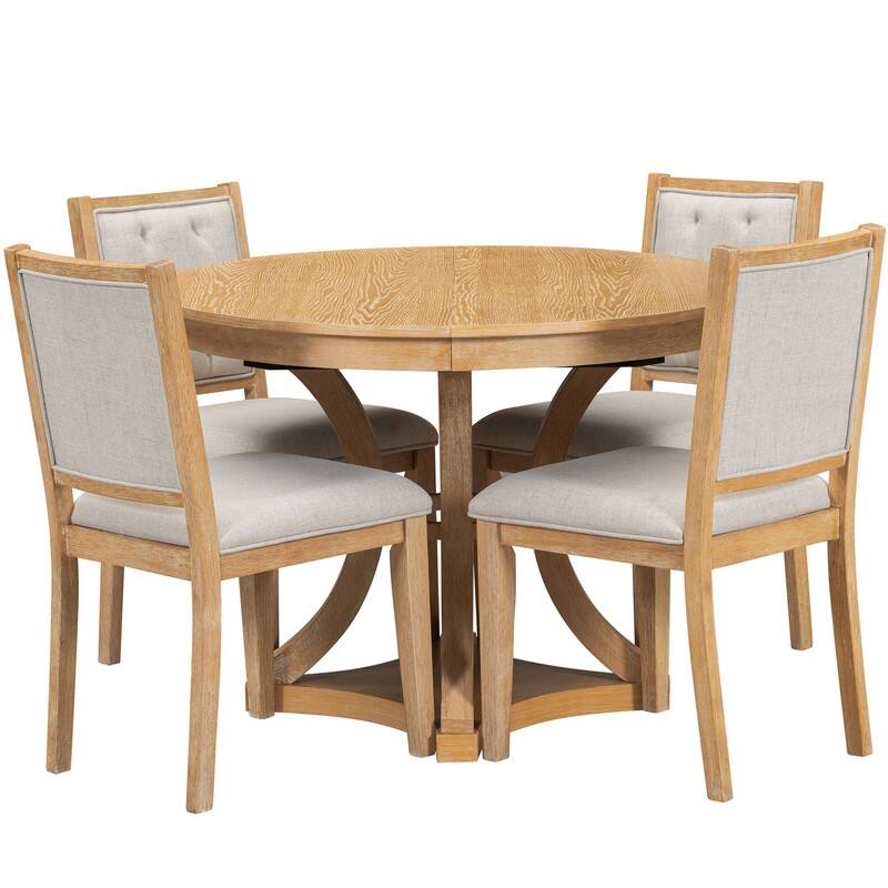 5-Piece Retro Functional Dining Table Set Extendable Round Table and 4 Upholstered Chairs for Dining Room