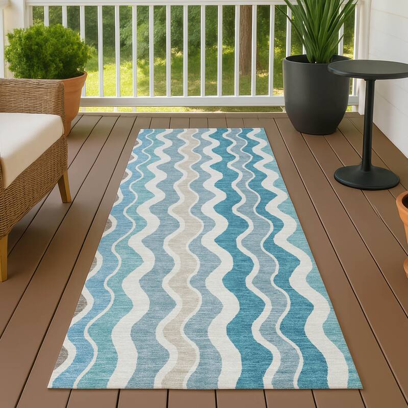 Machine Washable Indoor/ Outdoor Funky Stripe Chantille Rug - Teal - 2'3" x 7'6"