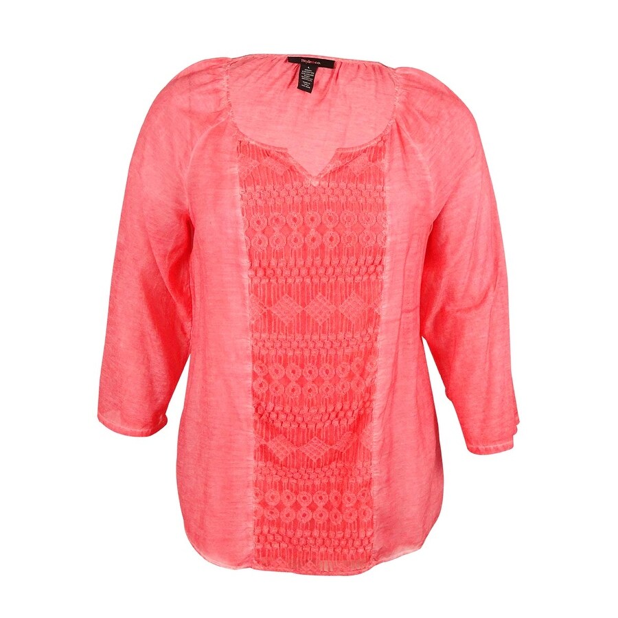 Shop Style Co Women S Tab Sleeve Lace Trim Top Cool Melon L