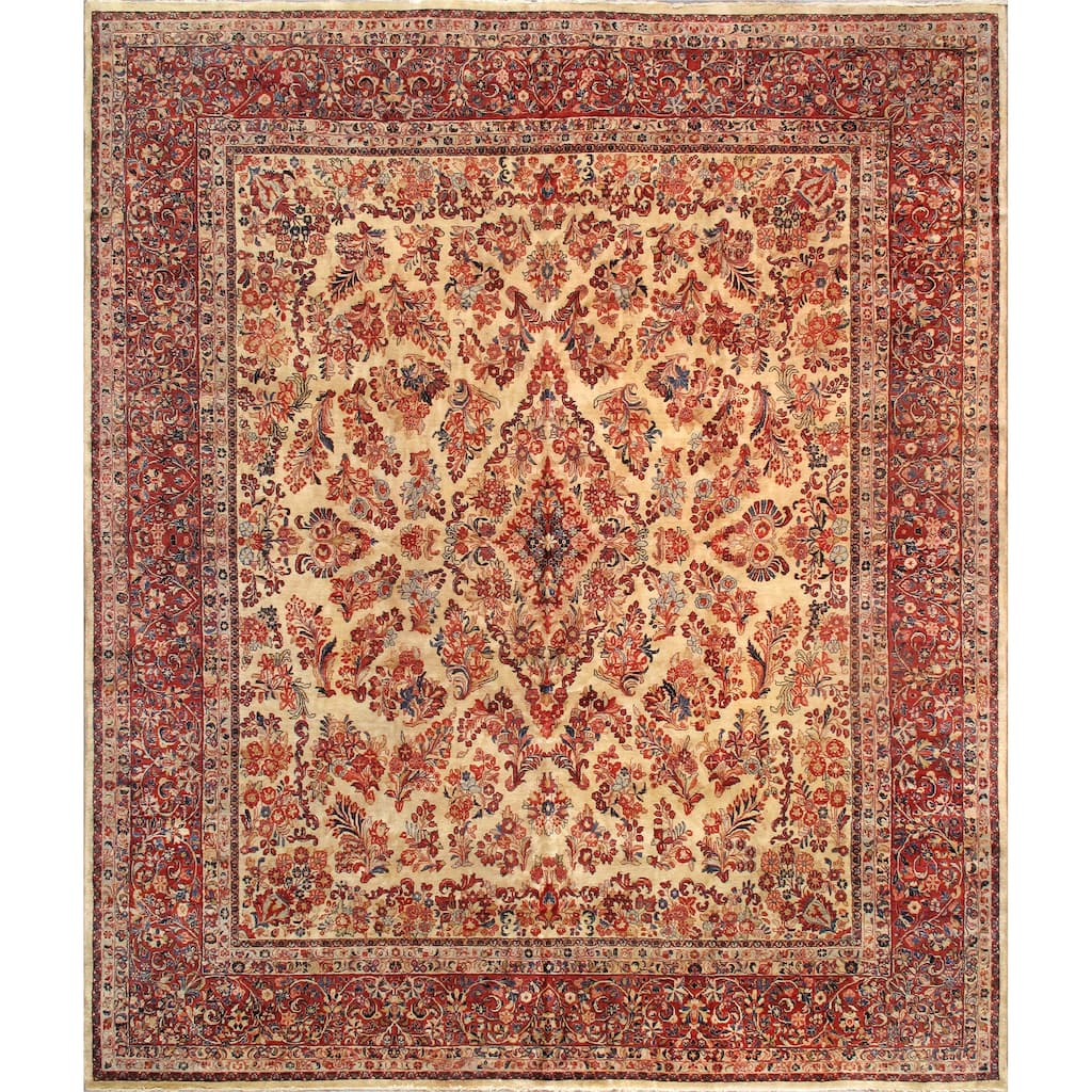 Pasargad Home Antique Sarouk Collection Wool Area Rug, Ivory/Burgundy - 11'10" X 13'11"