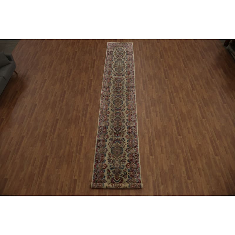 Hand Knotted Oriental 100% Wool Carpet Traditional Floral Beige & Ivories Kerman Runner Rug - 19' 3'' X 3' 1''