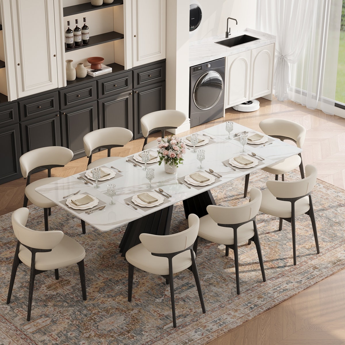 63-95" Extendable Rectangular Sintered Stone Double Pedestal Dining Table Seats 6-10