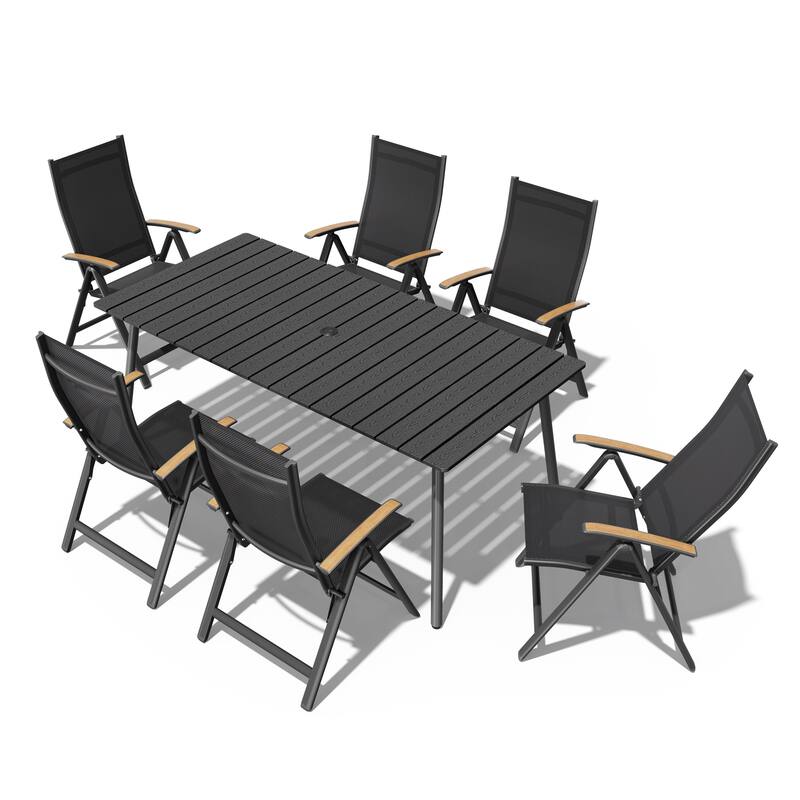 7/9-Piece Outdoor Rectangle Aluminum Dining Table with Umbrella Hole include Folding Chairs