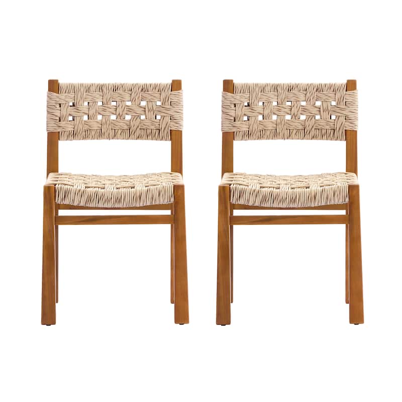 Christopher Knight Home - Acacia Wood Outdoor Patio Dining Chairs with Wicker (Set of 2) - Light Grey,Teak