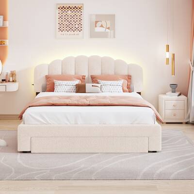 Teddy Fleece Queen Size Upholstered Platform Bed with 1 Nightstand