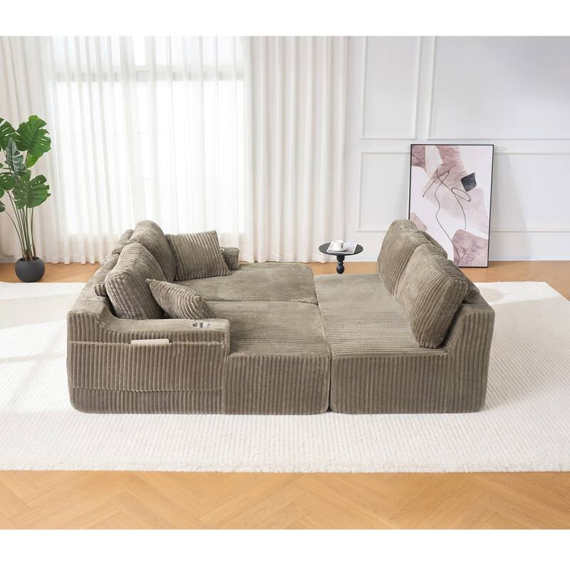 130" U-Shaped Corduroy Sectional Sofa with Cup Holders, No Assembly Required