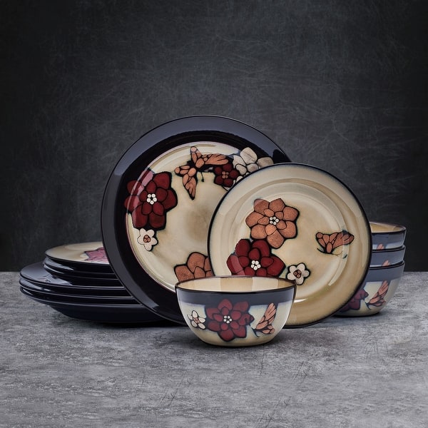 Stoneware Dinnerware Set Painted Butterfly Blue 12 Piece