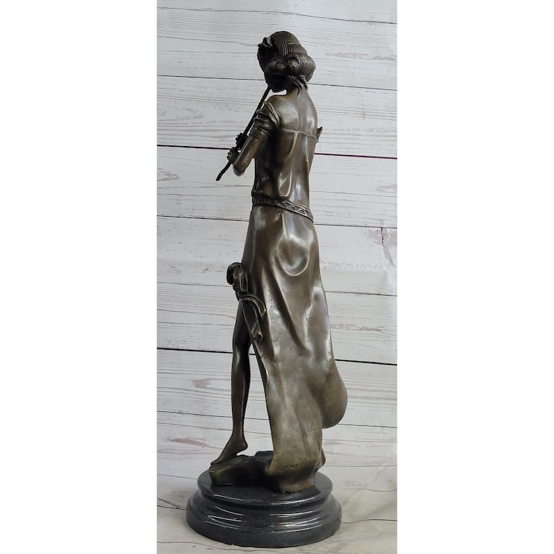 Girl Playing The Flute Female Musician Bronze Sculpture Statue Figure On Marble Base