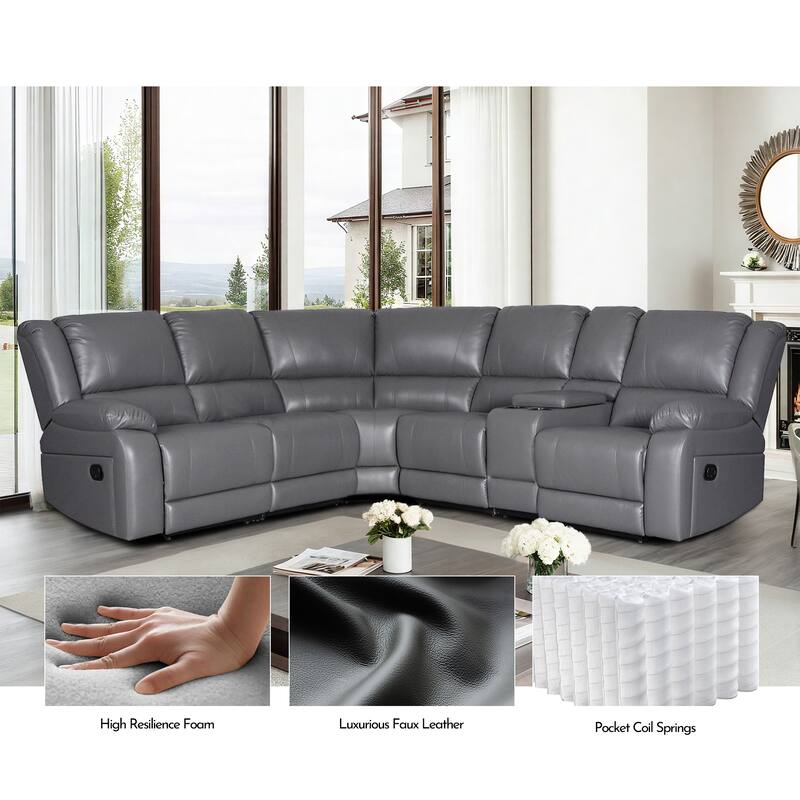 6PCS, 2 Manual Recliners, Faux Leather Reclining Sectional with Center Console