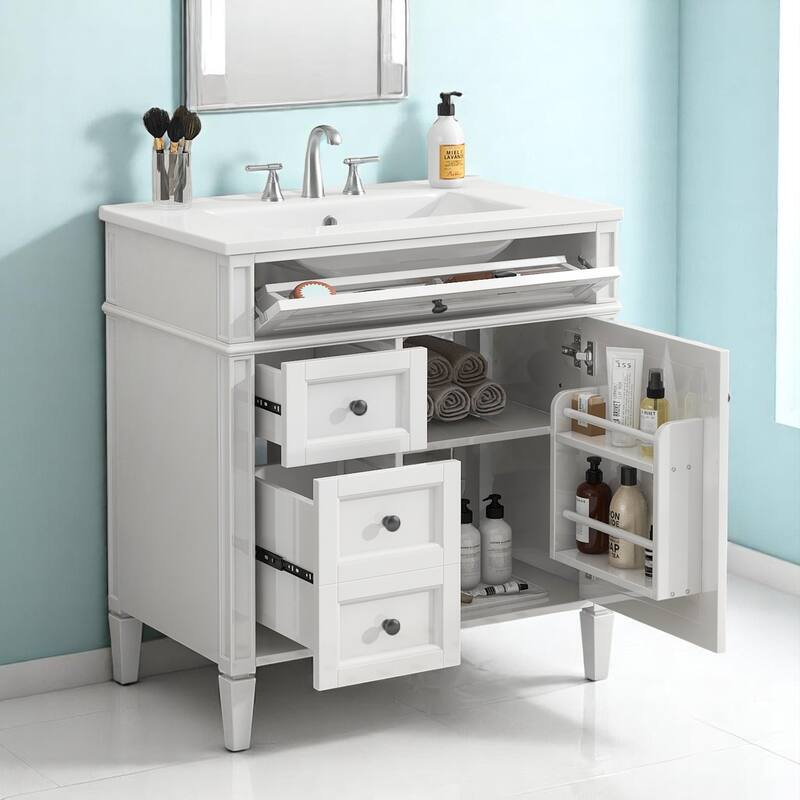 Modern 30 Inch Bathroom Vanity with Top Sink, Soft-Close Doors, Hidden Storage, and Drawer Organizer