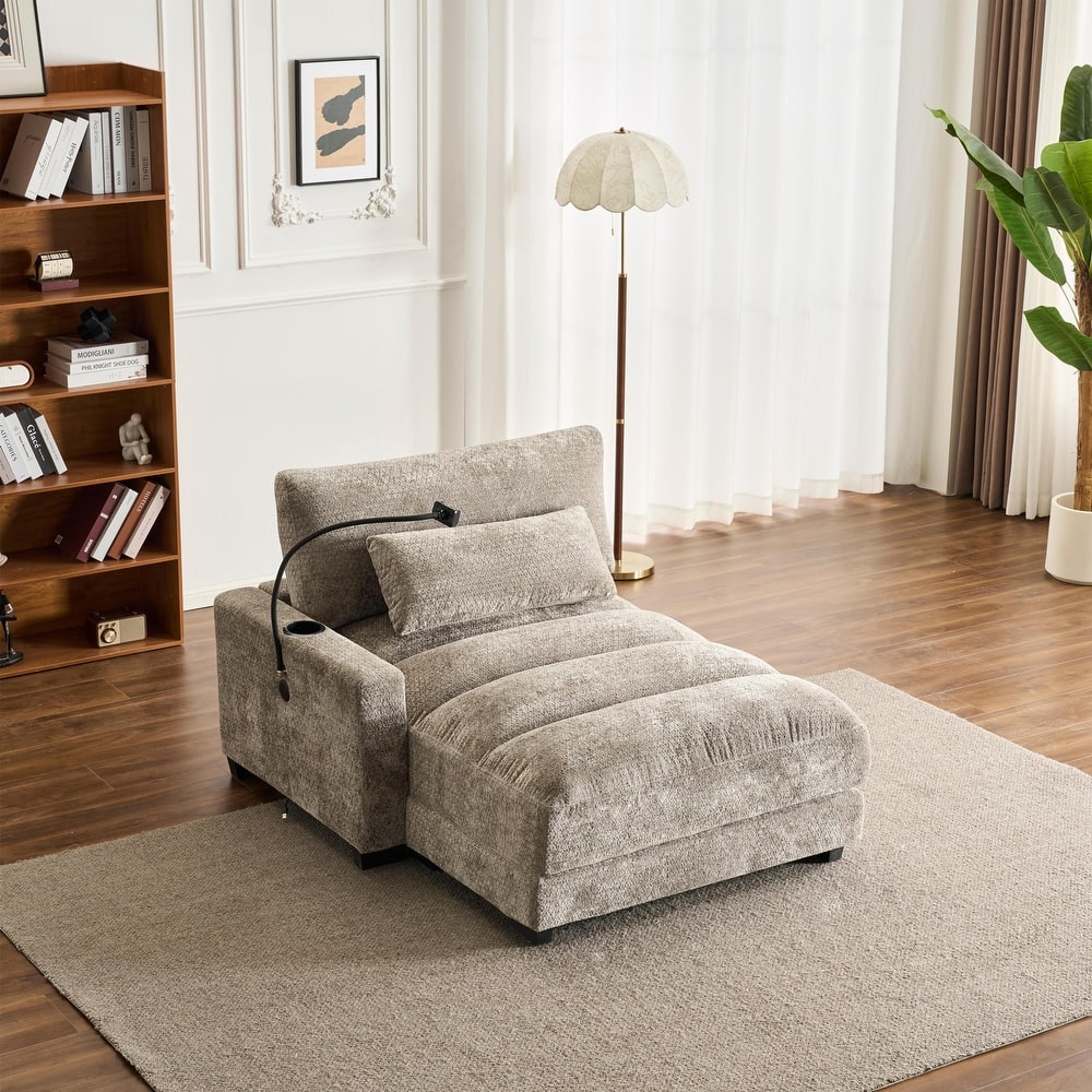 Chenille Single Sofa Chair Chaise Lounge with Phone Holder, Upholstered Recliner Sleeper Sofa Bed for Living Room