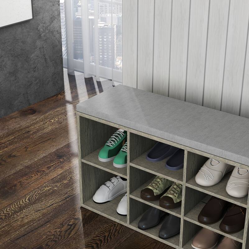 GDFStudio - Storage Bench, Shoe Bench, Entryway Bench with Padded Cushion, Drawer and Open Compartments, 3-Tier Shoe Rack Bench