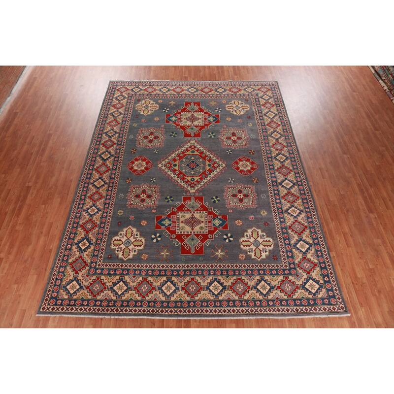 Hand Knotted Oriental 100% Wool Carpet Traditional Geometric Greys & Charcoal Kazak Area Rug - 13' 0'' X 9' 8''