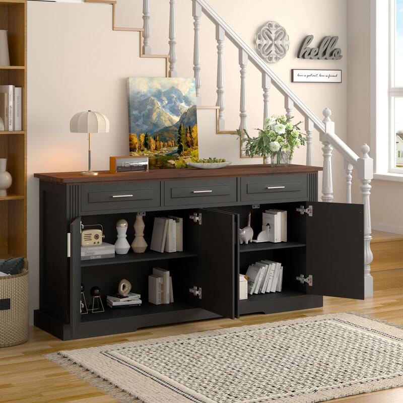 63" Fluted Farmhouse Credenza - Multi-Functional Storage Unit with Coffee Bar Top, 4 Cabinet Doors & 3 Organizational Drawers‌