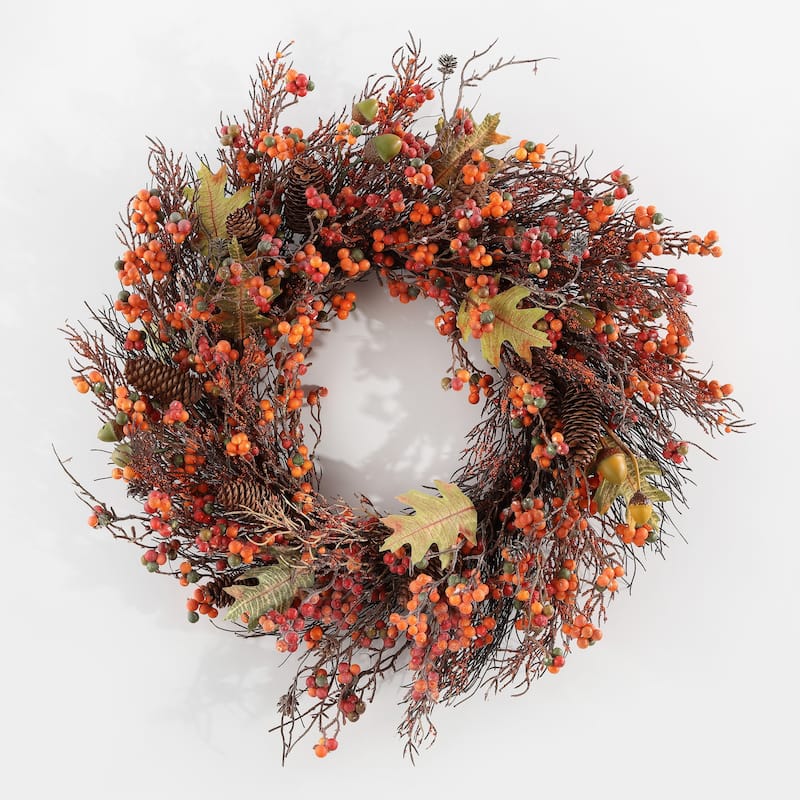 SAFAVIEH Faux 26 Inch Berry, Acorn, Pine Cone & Oak Leaf Wreath - 26" W x 26" D x 7" H