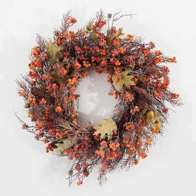 SAFAVIEH Faux 26 Inch Berry, Acorn, Pine Cone & Oak Leaf Wreath - 26" W x 26" D x 7" H