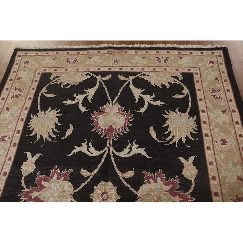 Black Floral Oushak Oriental Area Rug Hand-Knotted Wool Carpet - 5'5" x 7'9"