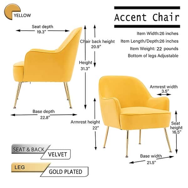 Moda Modern Soft Velvet Material Yellow Ergonomics Accent Chair