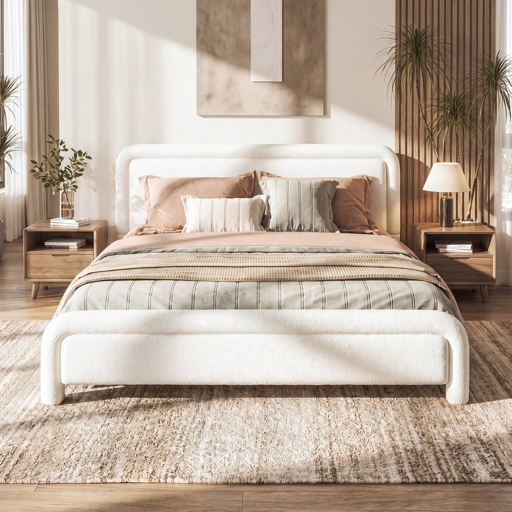 Boucle Fabric Upholstered Platform Bed Frame with Curved Headboard