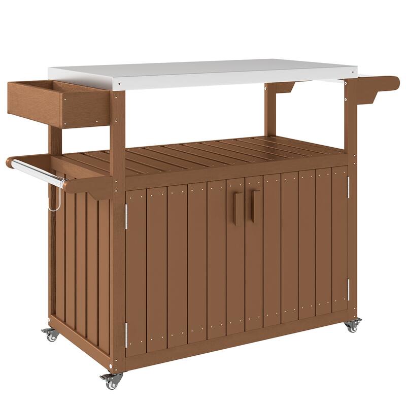 Stainless Steel and HDPE Outdoor Bar Cart with Cabinet, Hooks, and Swivel Casters Mobile Serving Table